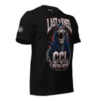 Black t-shirt featuring a screaming hooded reaper wrapped in chains with Last to Kneel, CCL, and Infidel Nation graphics in distressed red, white, and blue styling