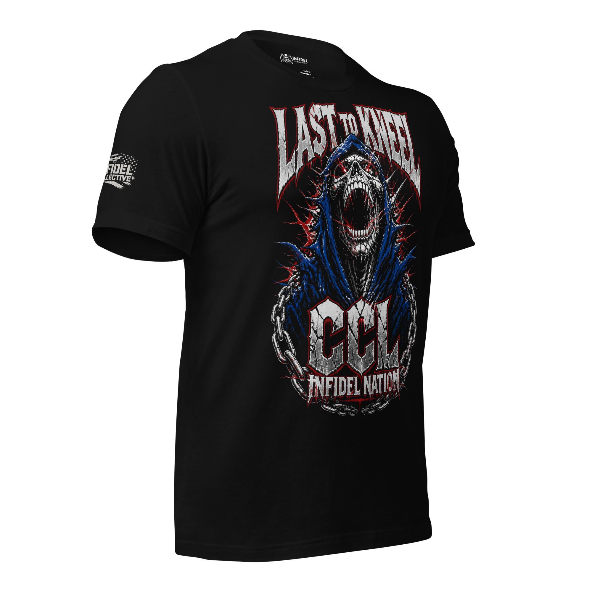 Black t-shirt featuring a screaming hooded reaper wrapped in chains with Last to Kneel, CCL, and Infidel Nation graphics in distressed red, white, and blue styling
