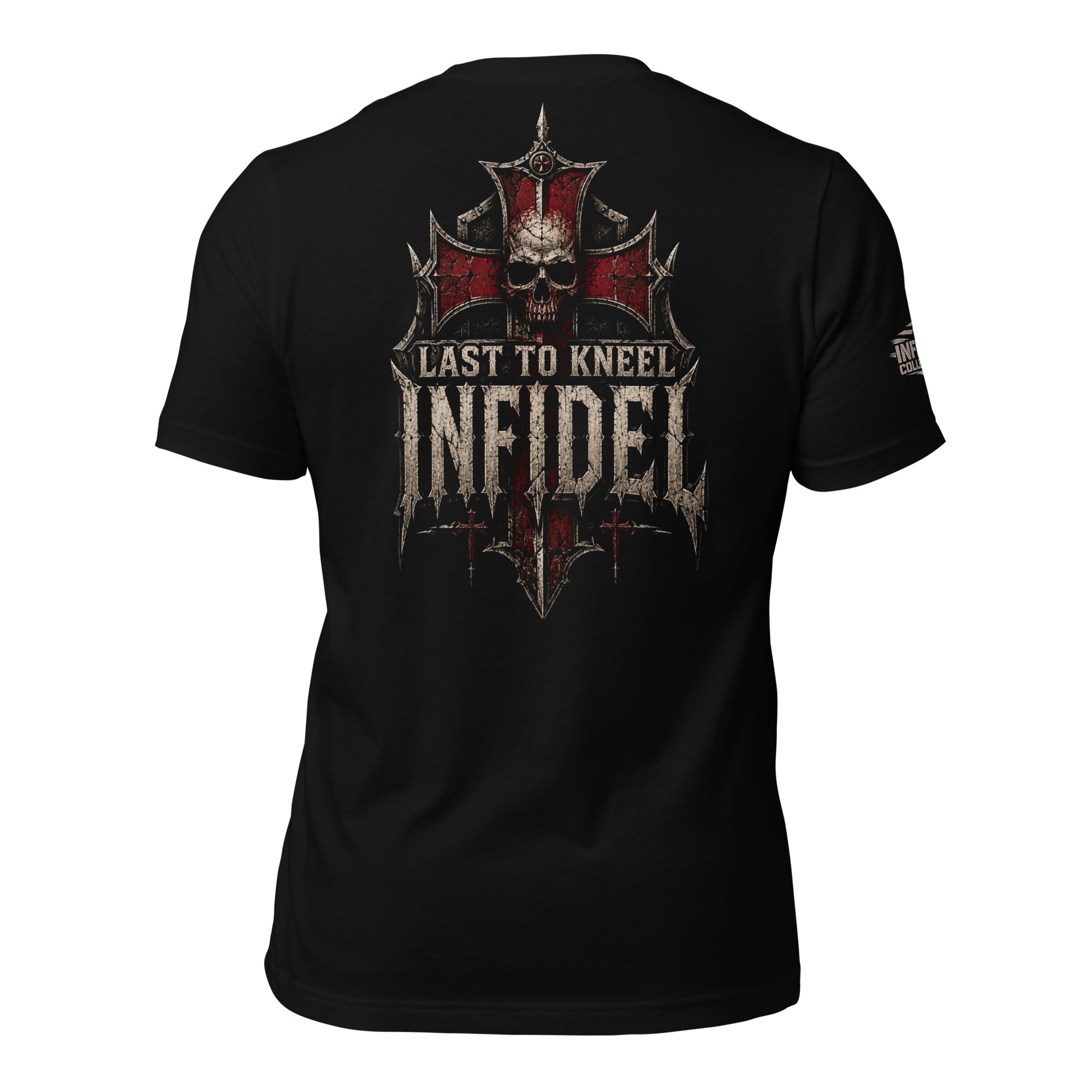 Last to Kneel Infidel skull helm red cross back print black tee from Infidel Collective