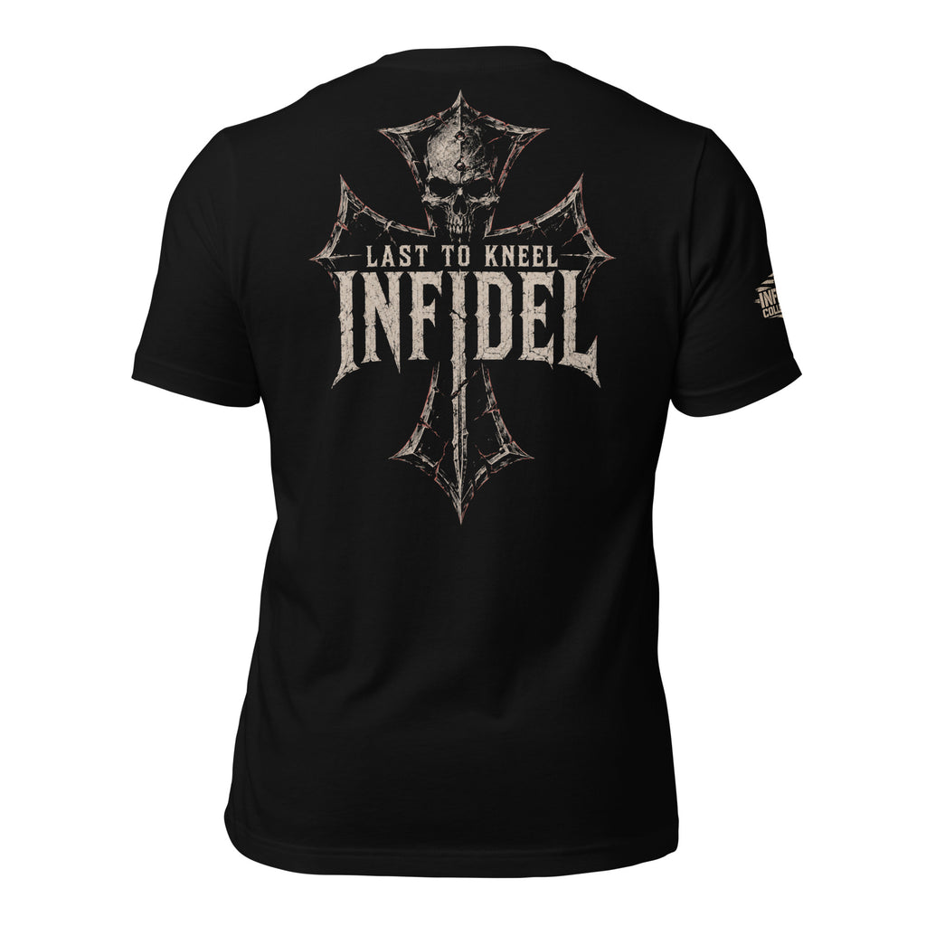 Last to Kneel Infidel skull helm iron cross back print black tee from Infidel Collective