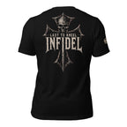 Last to Kneel Infidel skull helm iron cross back print black tee from Infidel Collective