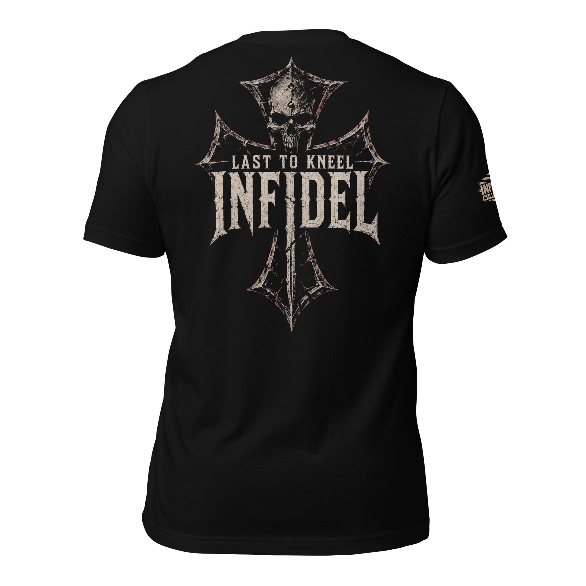 Last to Kneel Infidel skull helm iron cross back print black tee from Infidel Collective