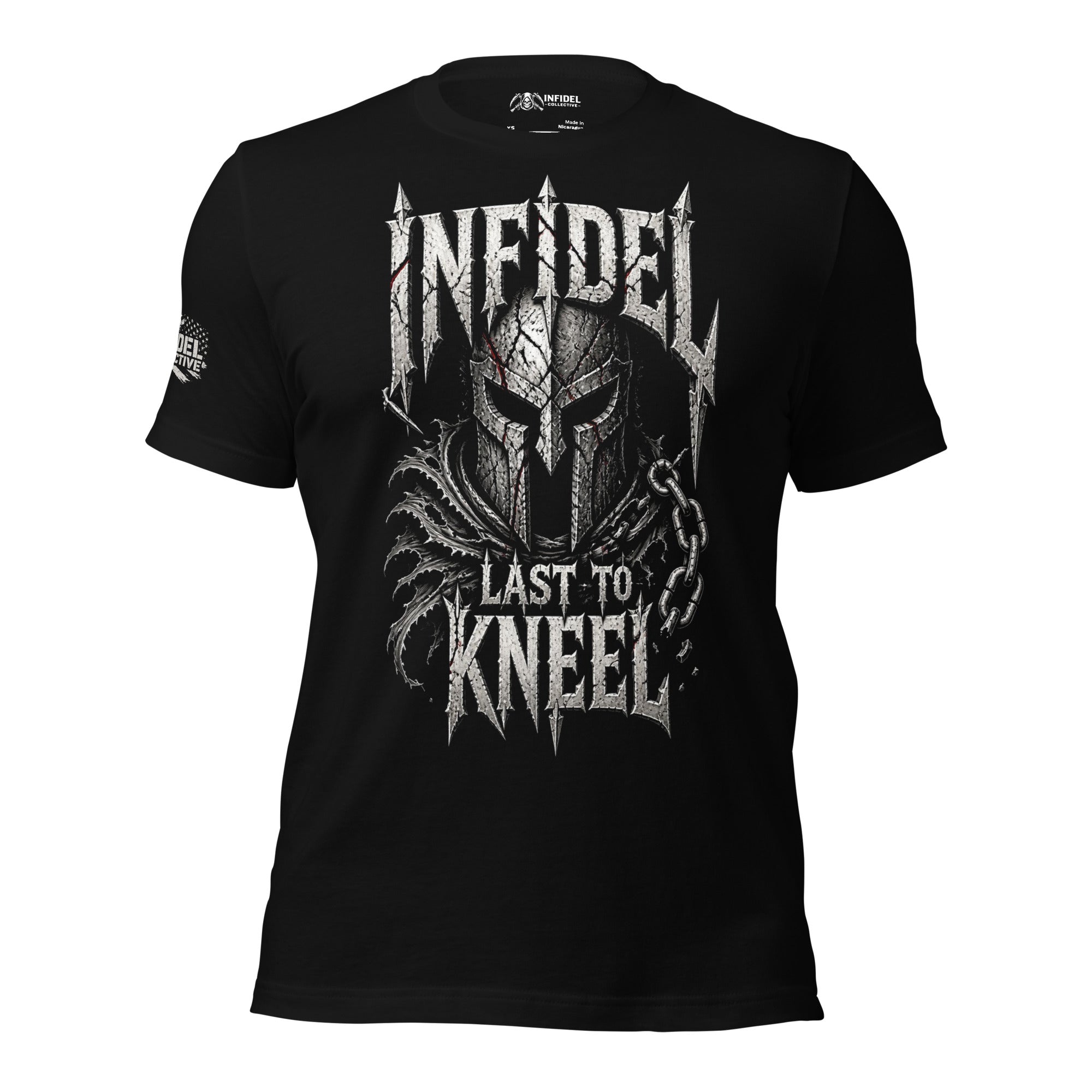Last to Kneel Infidel warrior graphic black tee from Infidel Collective