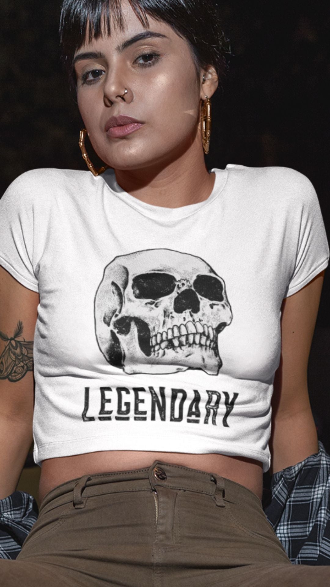 Crop Top  Crop Top NSFW – Badass Legendary Skull White Graphic Shirt for Women Infidel Collective