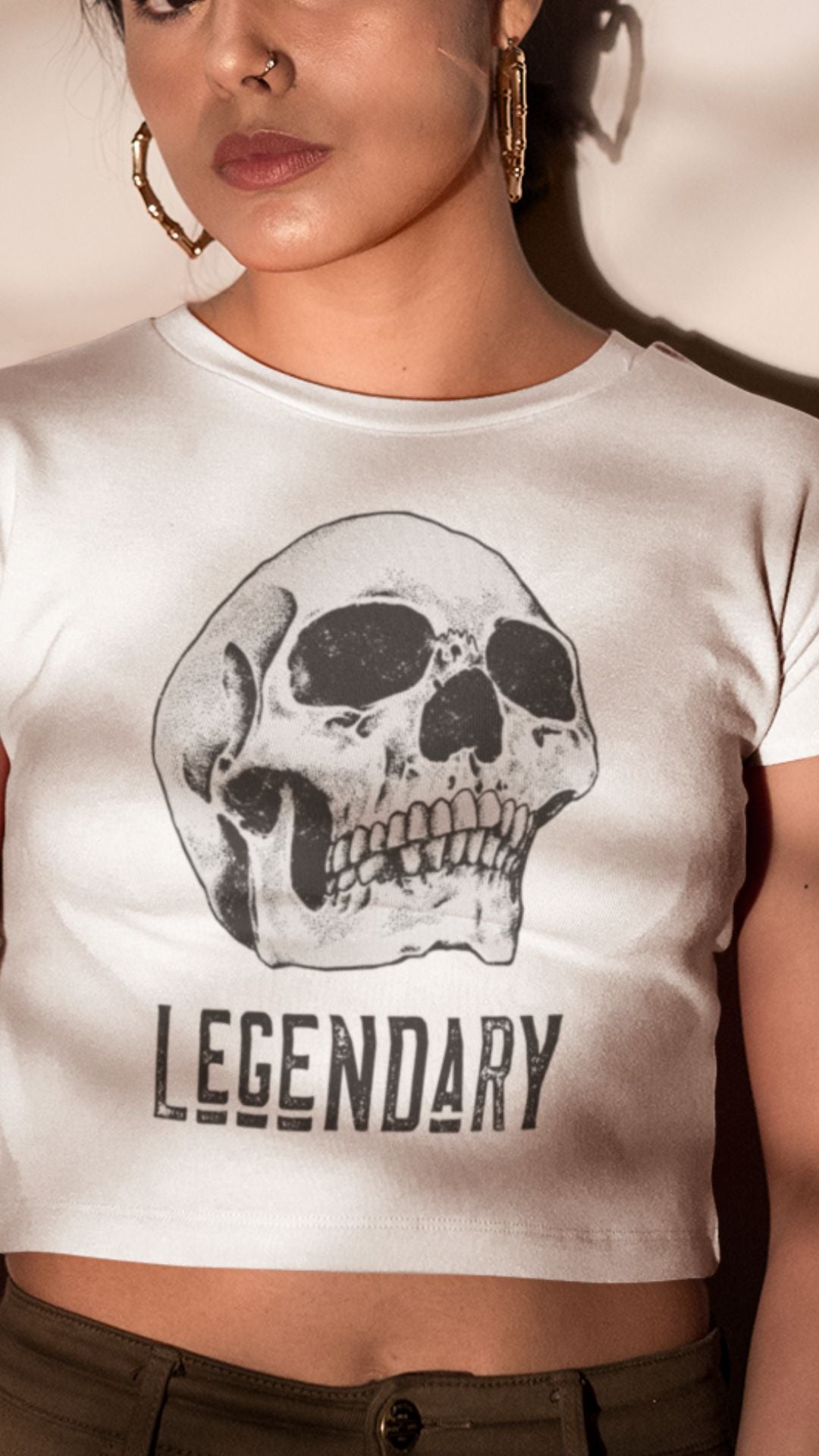 Crop Top  Crop Top NSFW – Badass Legendary Skull White Graphic Shirt for Women Infidel Collective