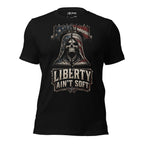 Black tee with front print featuring a skull integrated into the Liberty Bell, distressed American flag graphic, and the text Liberty Ain't Soft