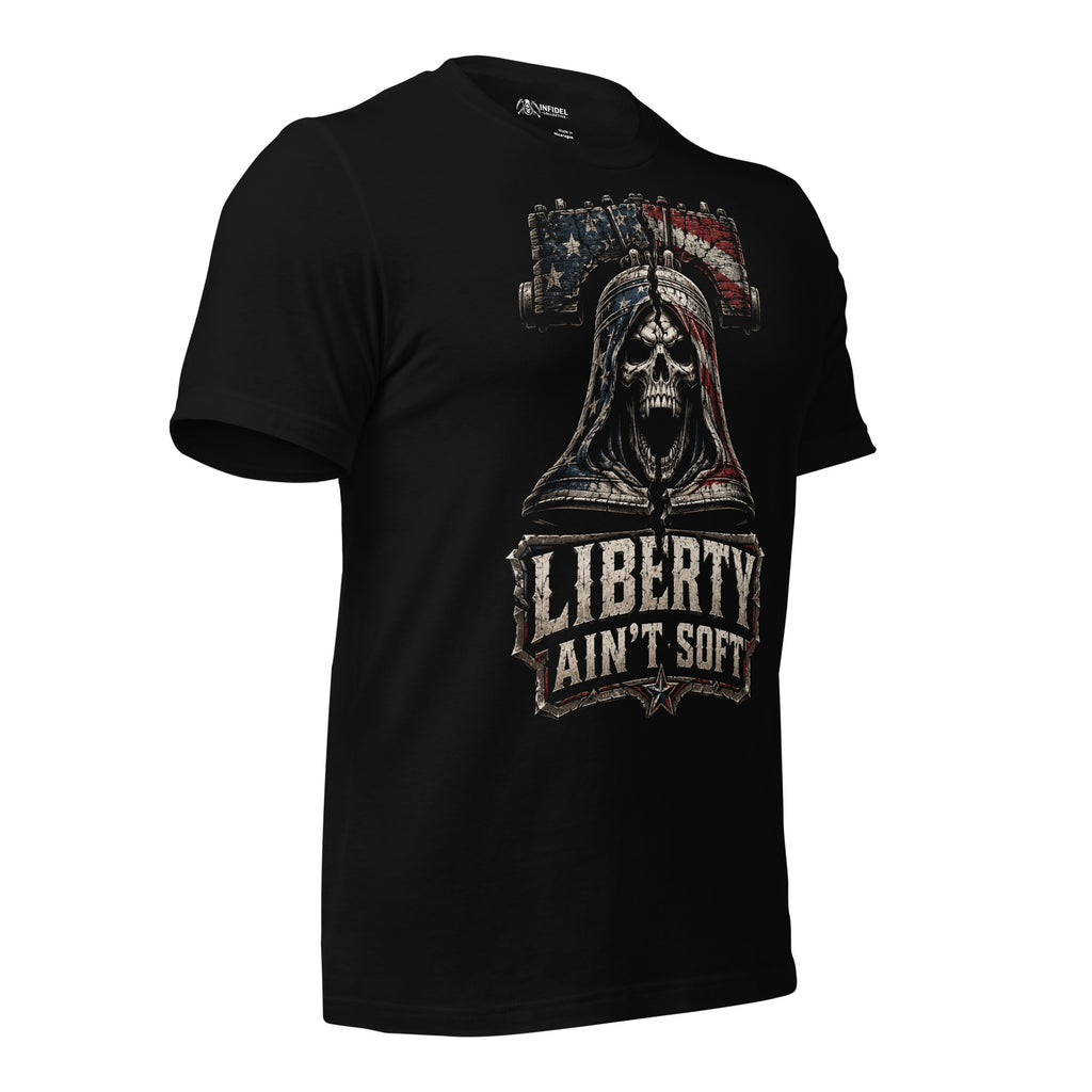 Black tee with front print featuring a skull integrated into the Liberty Bell, distressed American flag graphic, and the text Liberty Ain't Soft