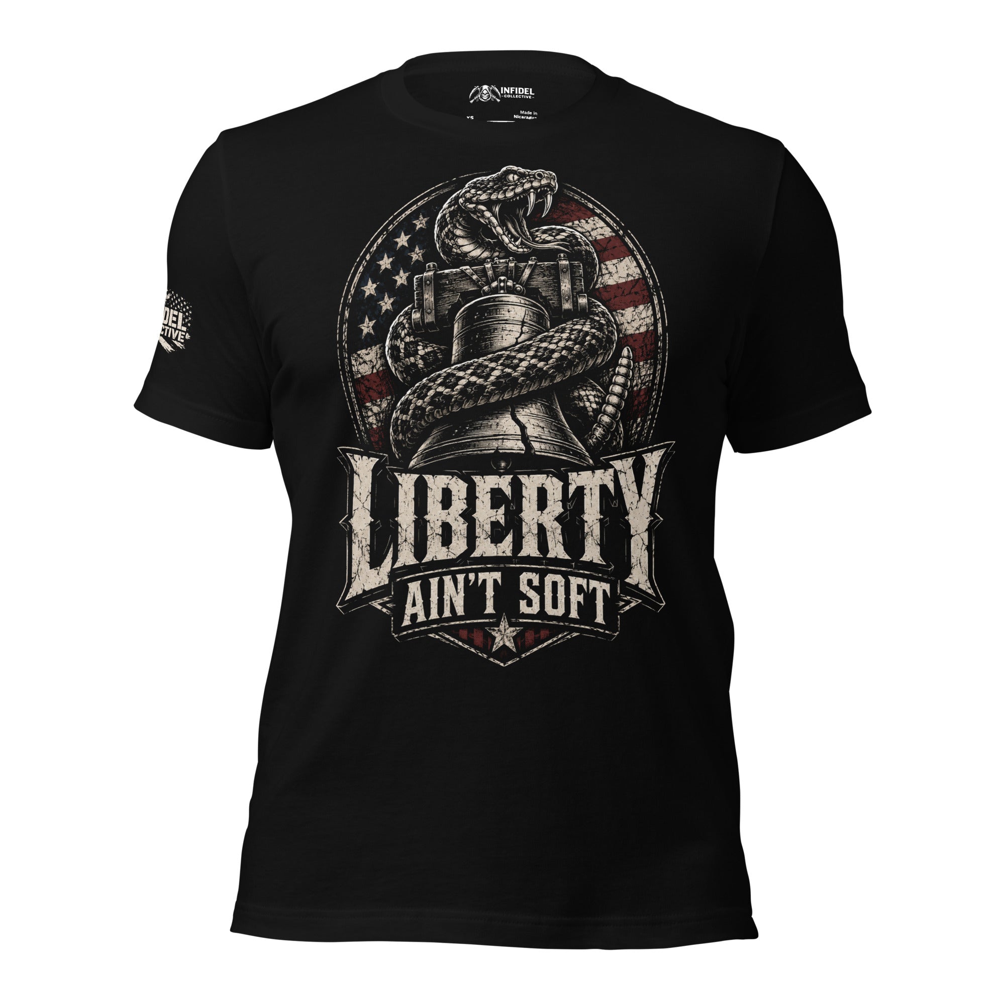 Black tee with front print featuring a rattlesnake wrapped around the Liberty Bell, distressed American flag graphic, and the text Liberty Ain't Soft