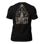 Black tee with back print featuring a hooded skull, Liberty Bell, distressed patriotic graphics, and the text Liberty Ain't Soft