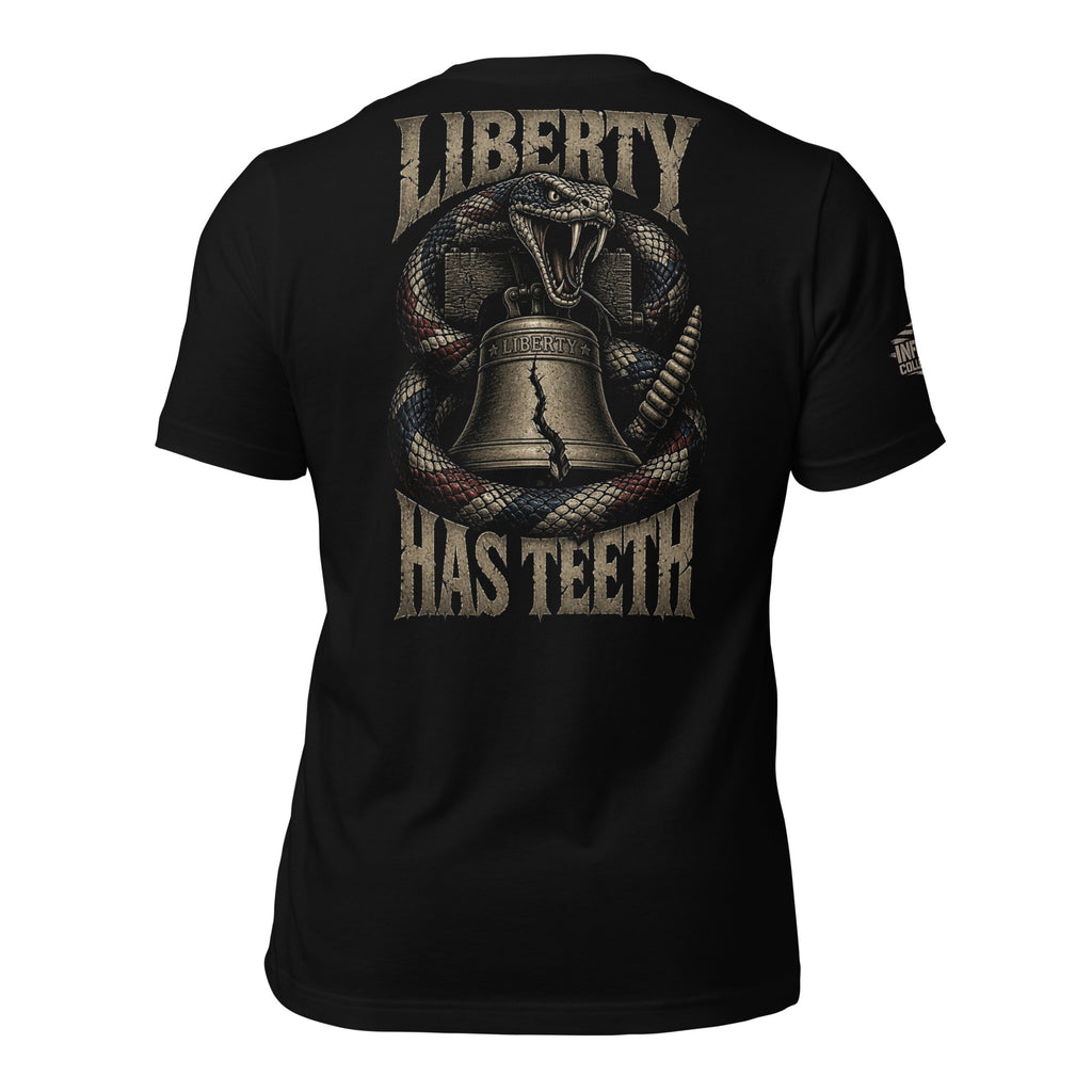 Liberty Has Teeth rattlesnake Liberty Bell back print black tee from Infidel Collective