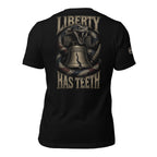 Liberty Has Teeth rattlesnake Liberty Bell back print black tee from Infidel Collective