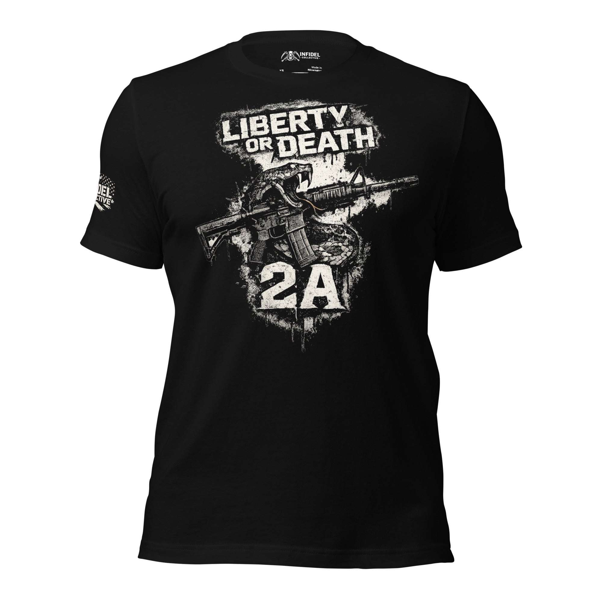 Liberty or Death 2A rifle graphic black tee from Infidel Collective