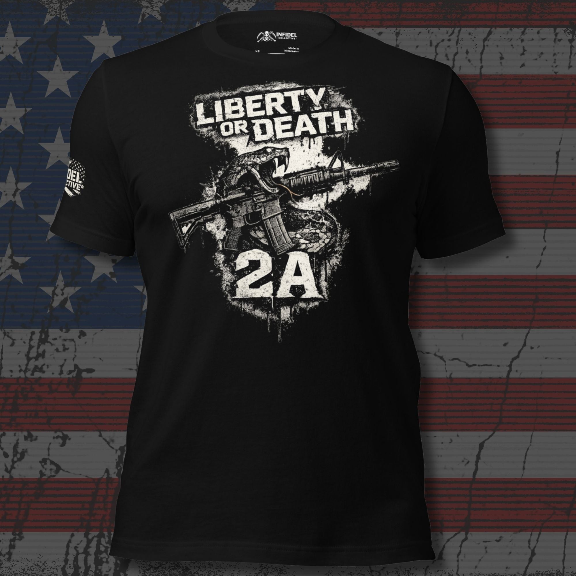 Liberty or Death 2A rifle graphic black tee from Infidel Collective