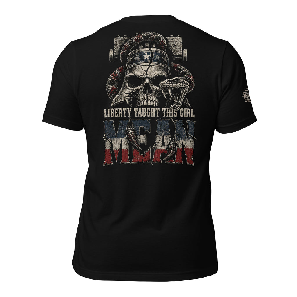 Liberty Taught This Girl Mean skull liberty bell and rattlesnake graphic black tee from Infidel Collective