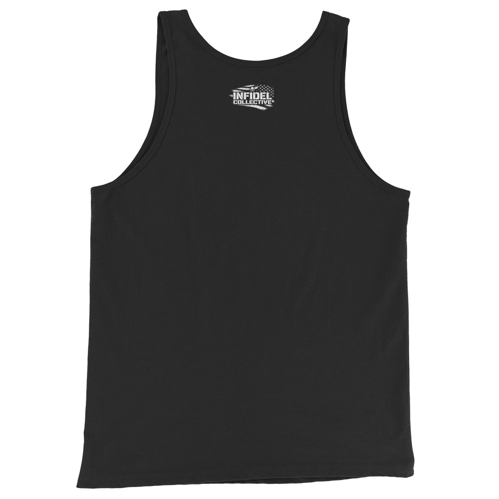 Black tank top featuring a patriotic American woman wearing flag sunglasses above Made in America USA lettering