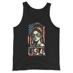 Black tank top featuring a patriotic American woman wearing flag sunglasses above Made in America USA lettering