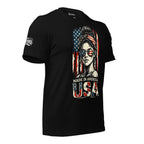 Black front print t-shirt featuring a patriotic woman with American flag sunglasses and the phrase Made In America USA