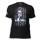 Made in America USA patriotic women’s front print black heather tee from Infidel Collective
