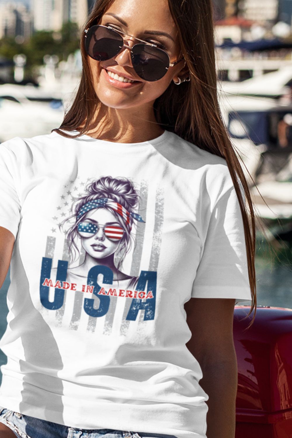 T-Shirt  Fourth of July T-Shirt: Patriotic Babe USA Flag Graphic Tee in White Infidel Collective