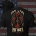 Made to Burn crimson cross reaper with sword back print black tee from Infidel Collective