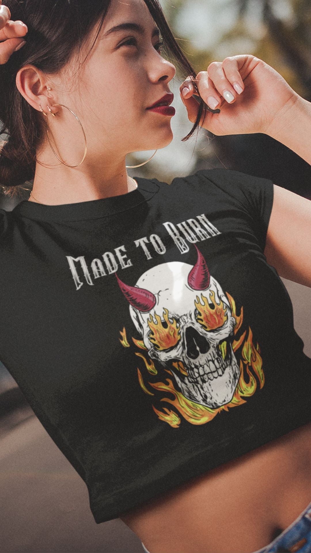 Crop Top  Crop Top NSFW – Made to Burn Skull Fire Devil Badass Black Women's T-Shirt Infidel Collective