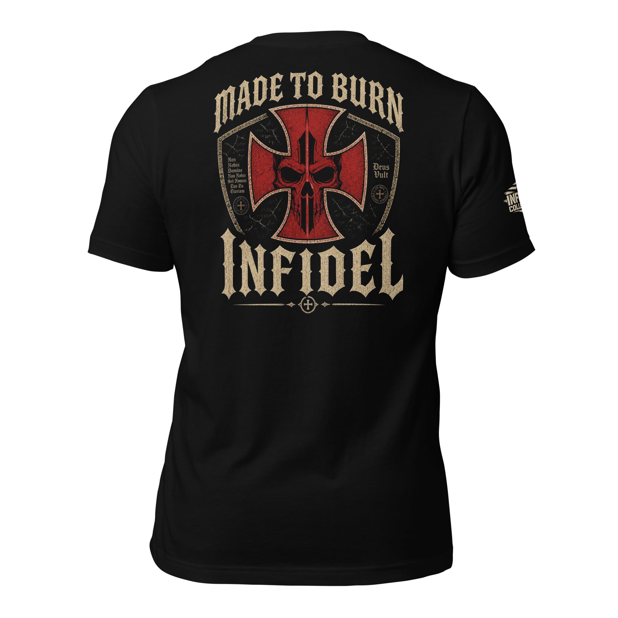 Made to Burn Infidel crimson cross back print black tee from Infidel Collective