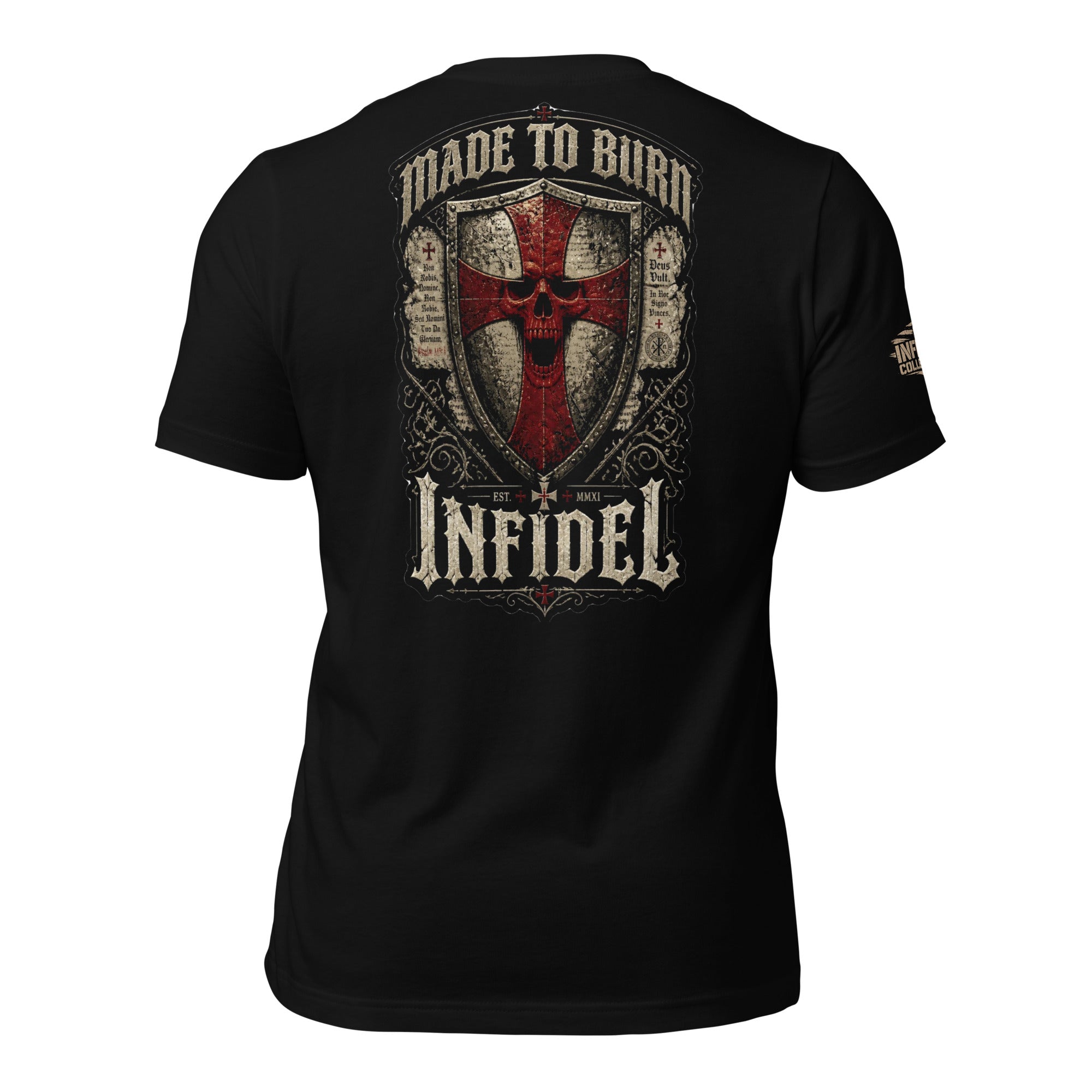 Made to Burn Infidel shield cross back print black tee from Infidel Collective