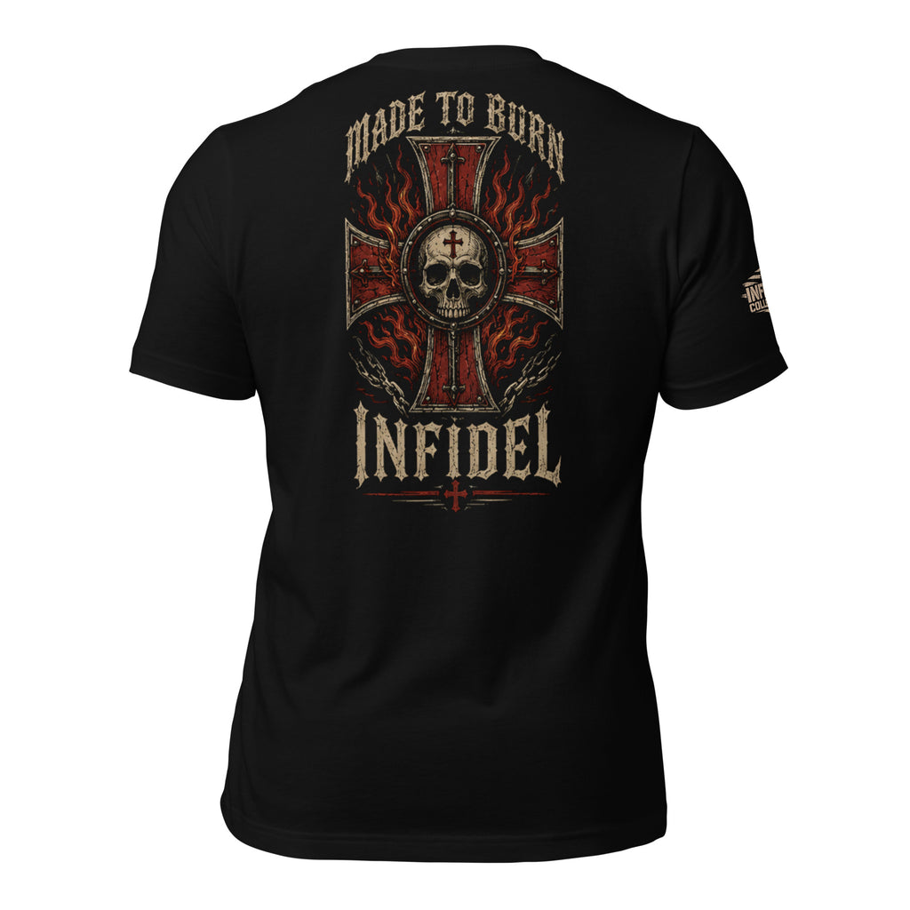 Made to Burn Infidel skull cross back print black tee from Infidel Collective