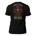 Made to Burn Infidel skull cross back print black tee from Infidel Collective