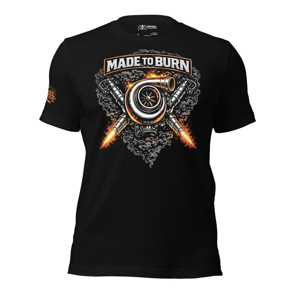 Made to Burn fuel injectors graphic black tee from Infidel Collective