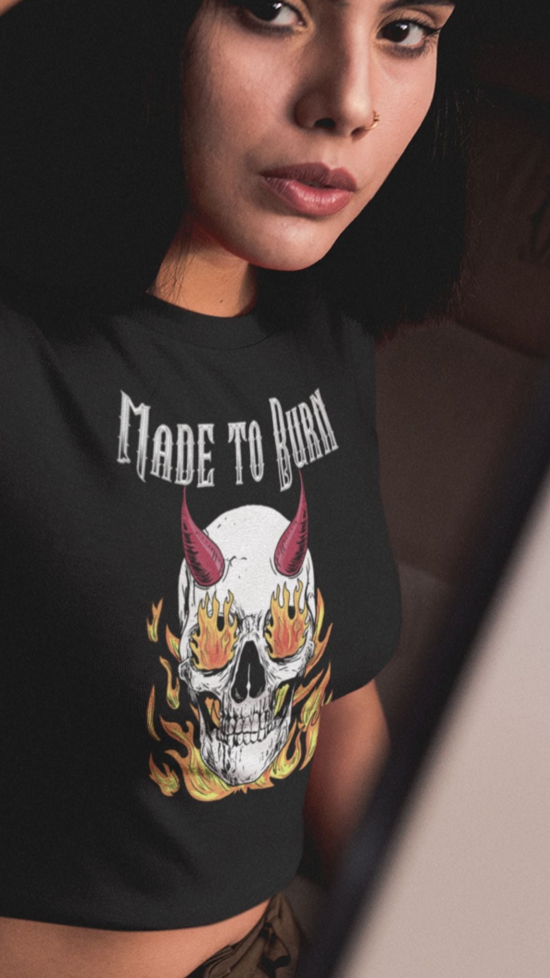 Crop Top  Crop Top NSFW – Made to Burn Skull Fire Devil Badass Black Women's T-Shirt Infidel Collective
