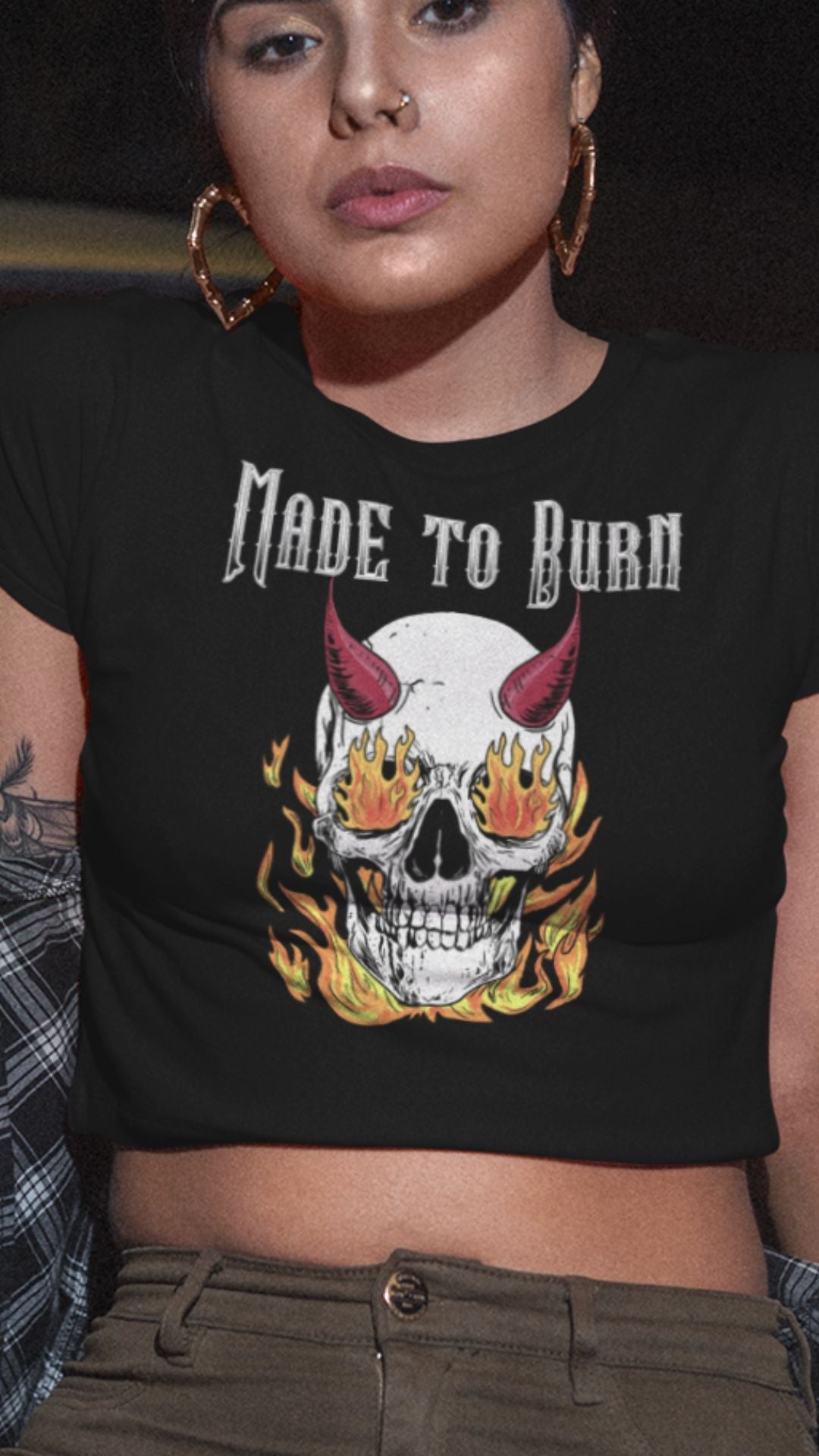 Crop Top  Crop Top NSFW – Made to Burn Skull Fire Devil Badass Black Women's T-Shirt Infidel Collective