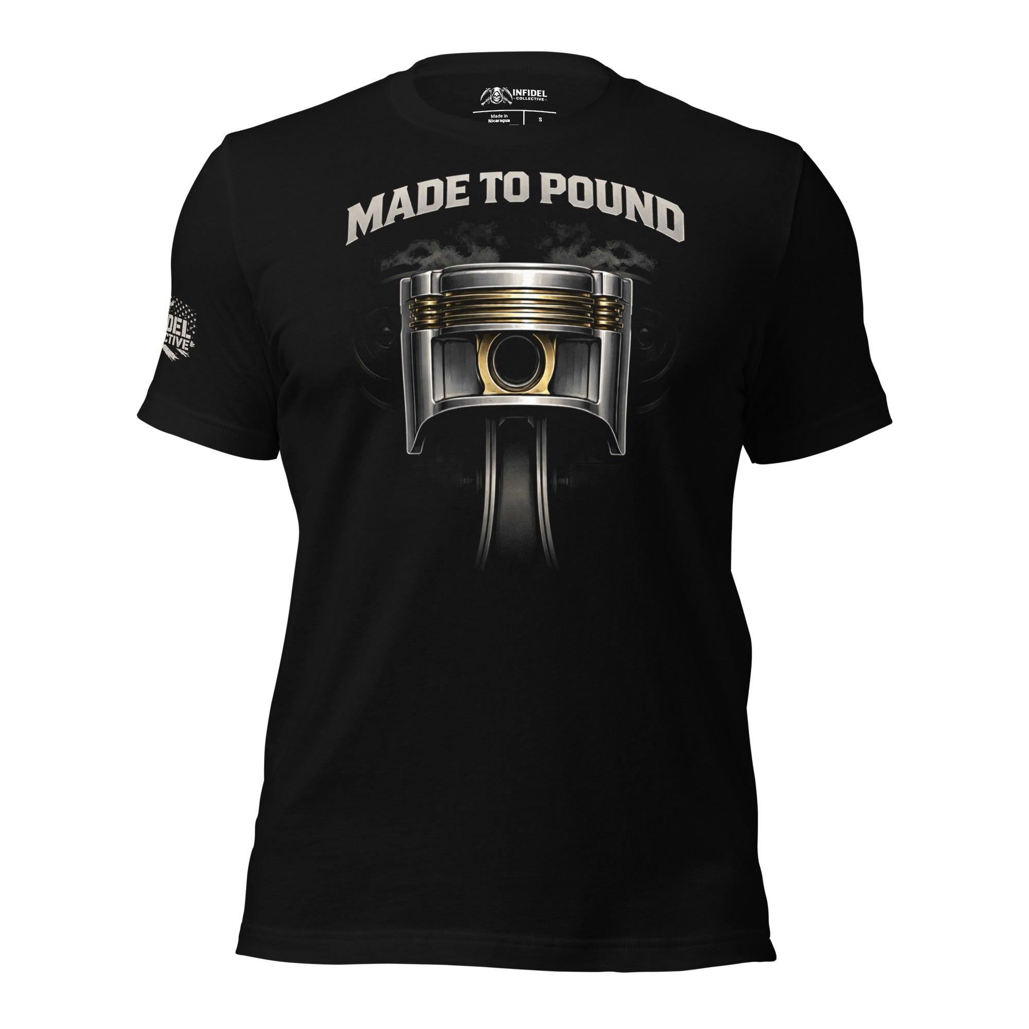 Made to Pound piston graphic black tee from Infidel Collective