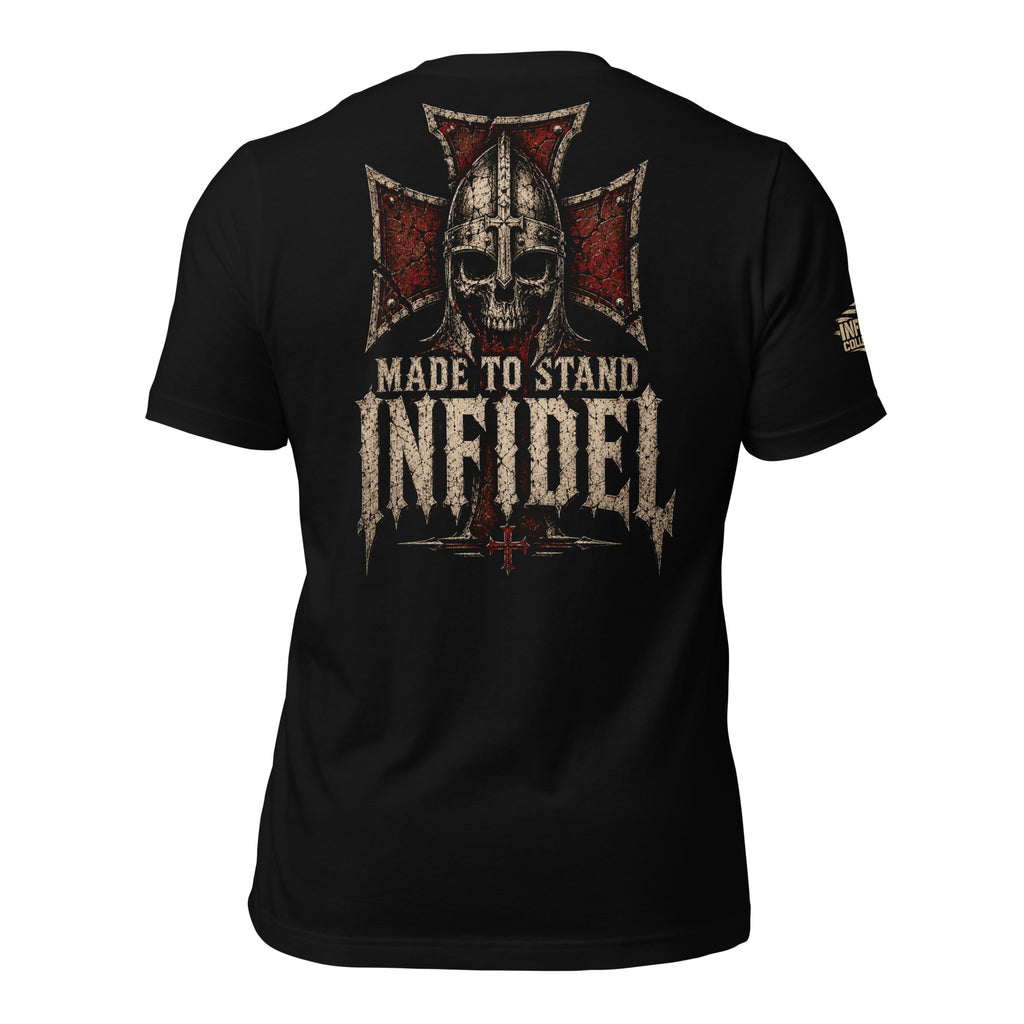 Made to Stand Infidel skull warrior helmet and distressed cross back print black tee
