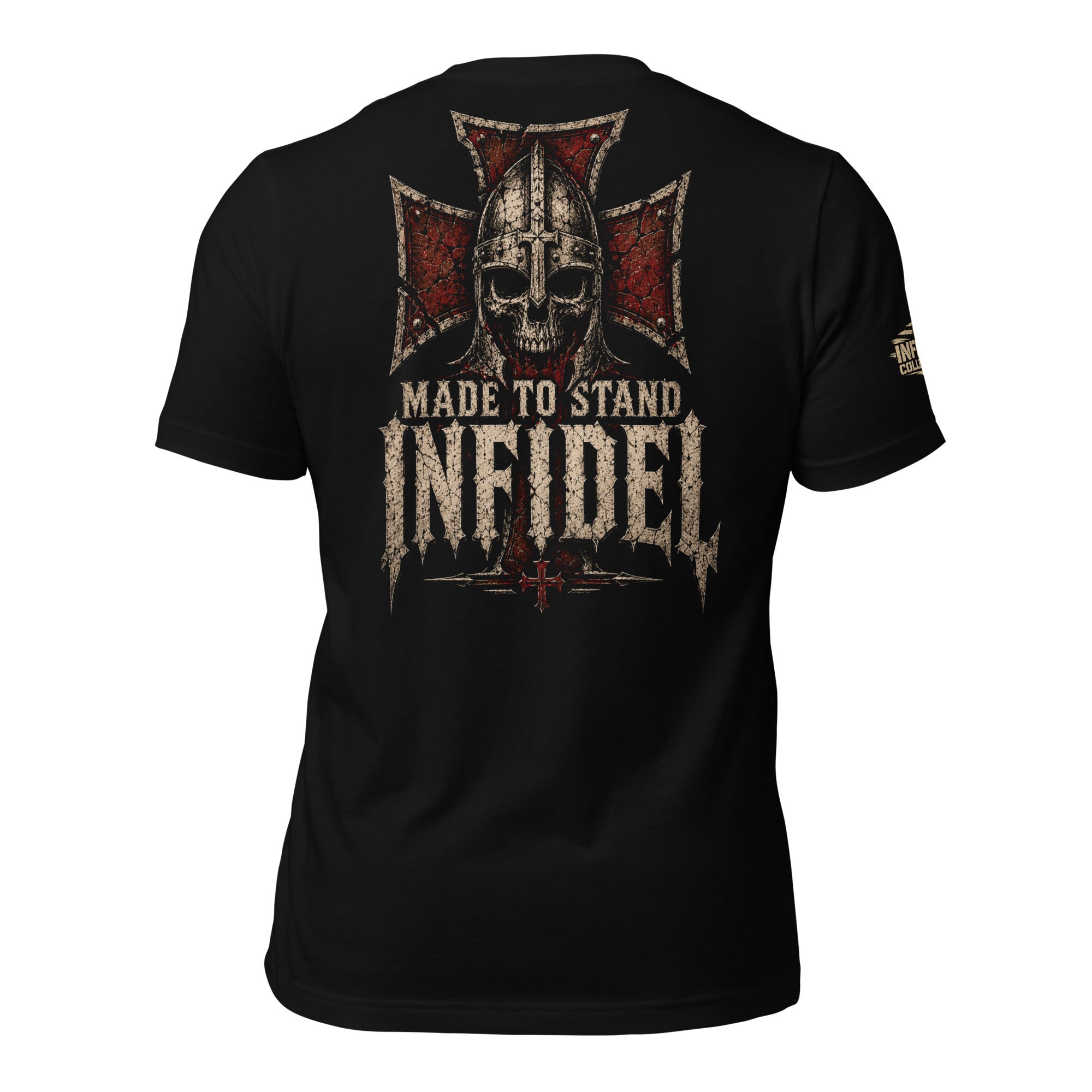 Made to Stand Infidel skull warrior helmet and distressed cross back print black tee