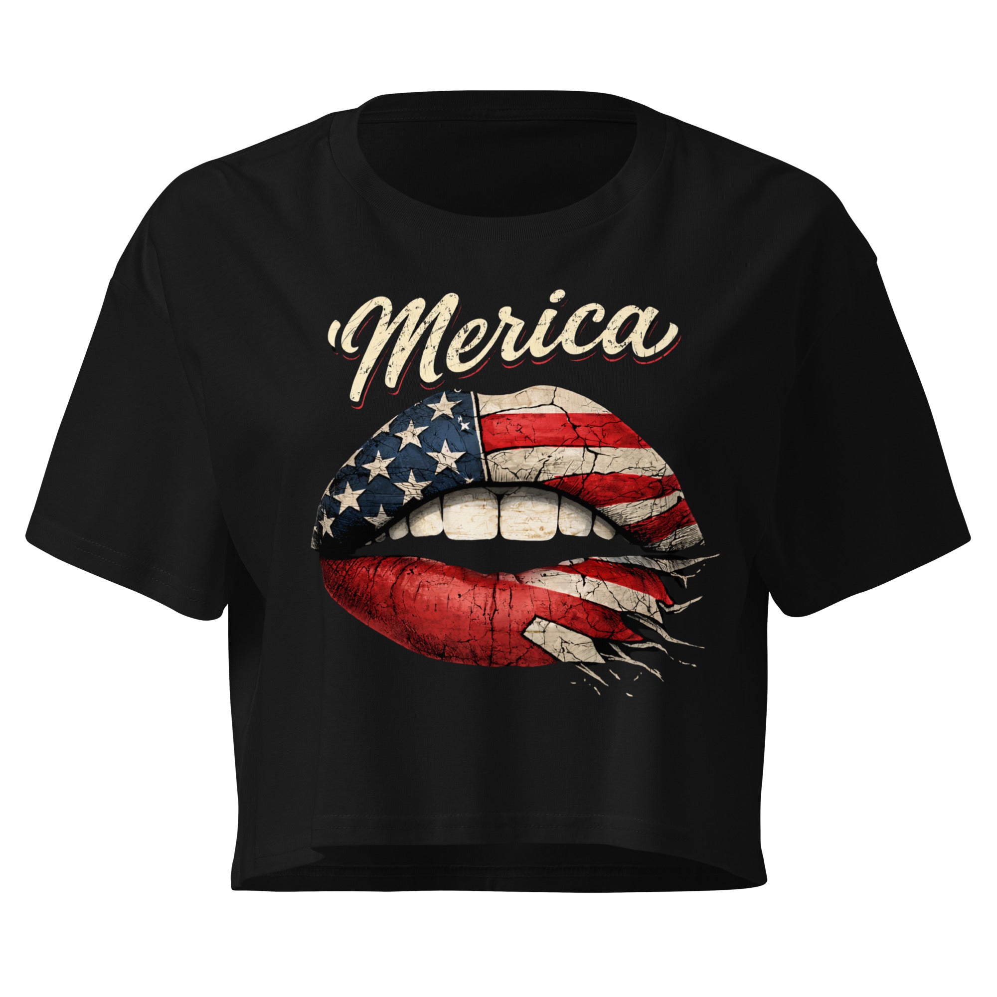 Merica script with distressed American flag lips graphic on black front print tee
