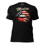 Black t-shirt with 'Merica' and American flag graphic on a white background