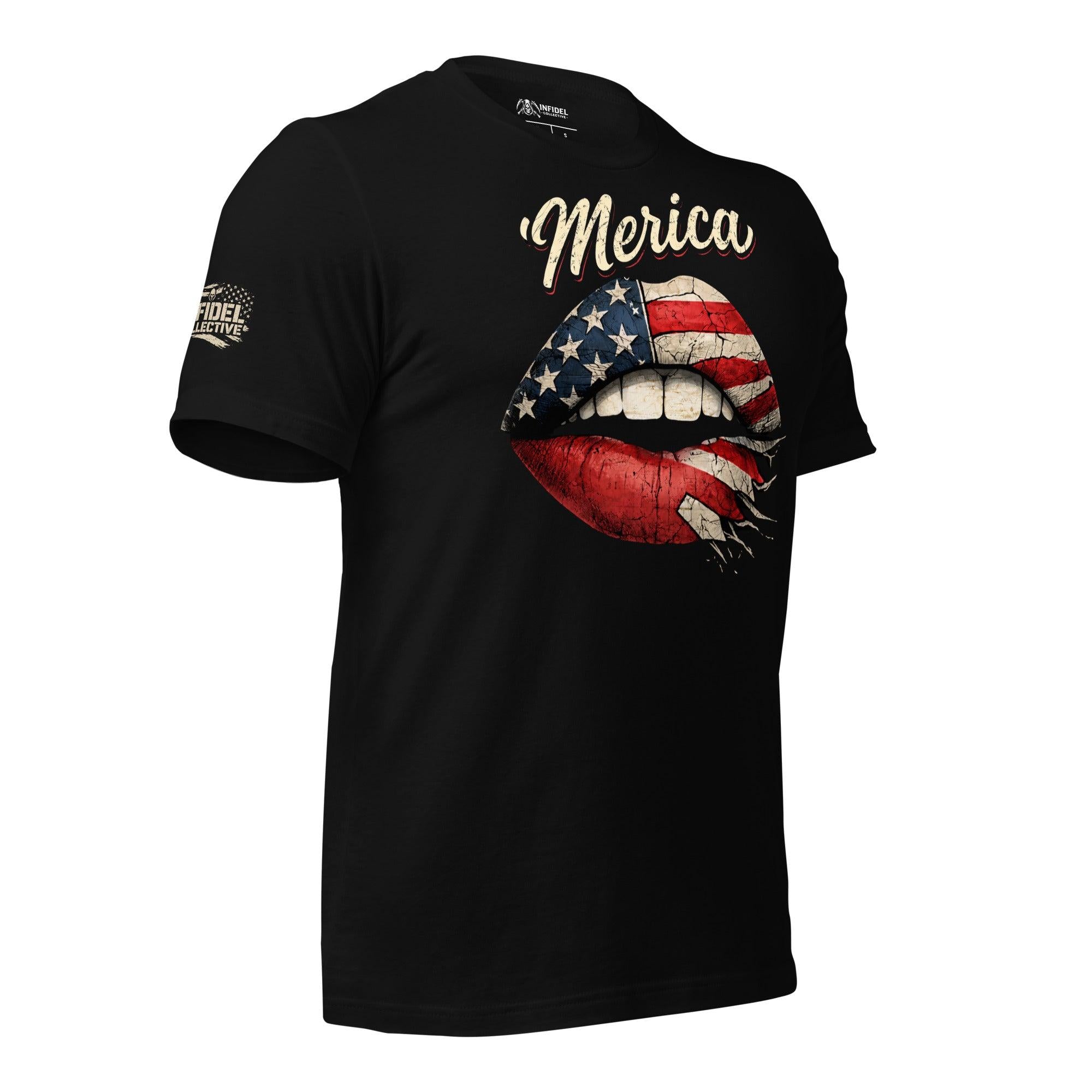 Black t-shirt with American flag graphic and 'Merica' text on a white background