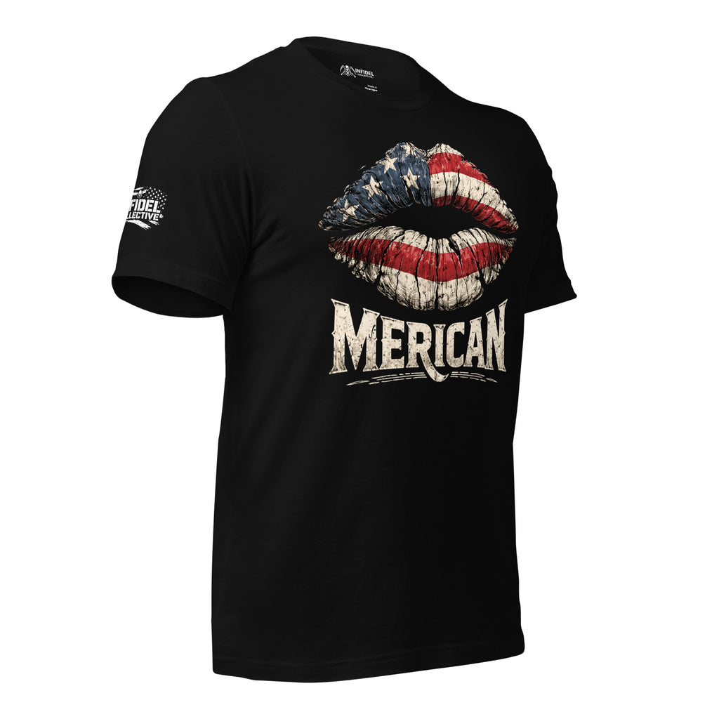 Black front print t-shirt featuring distressed American flag lips and the word Merican
