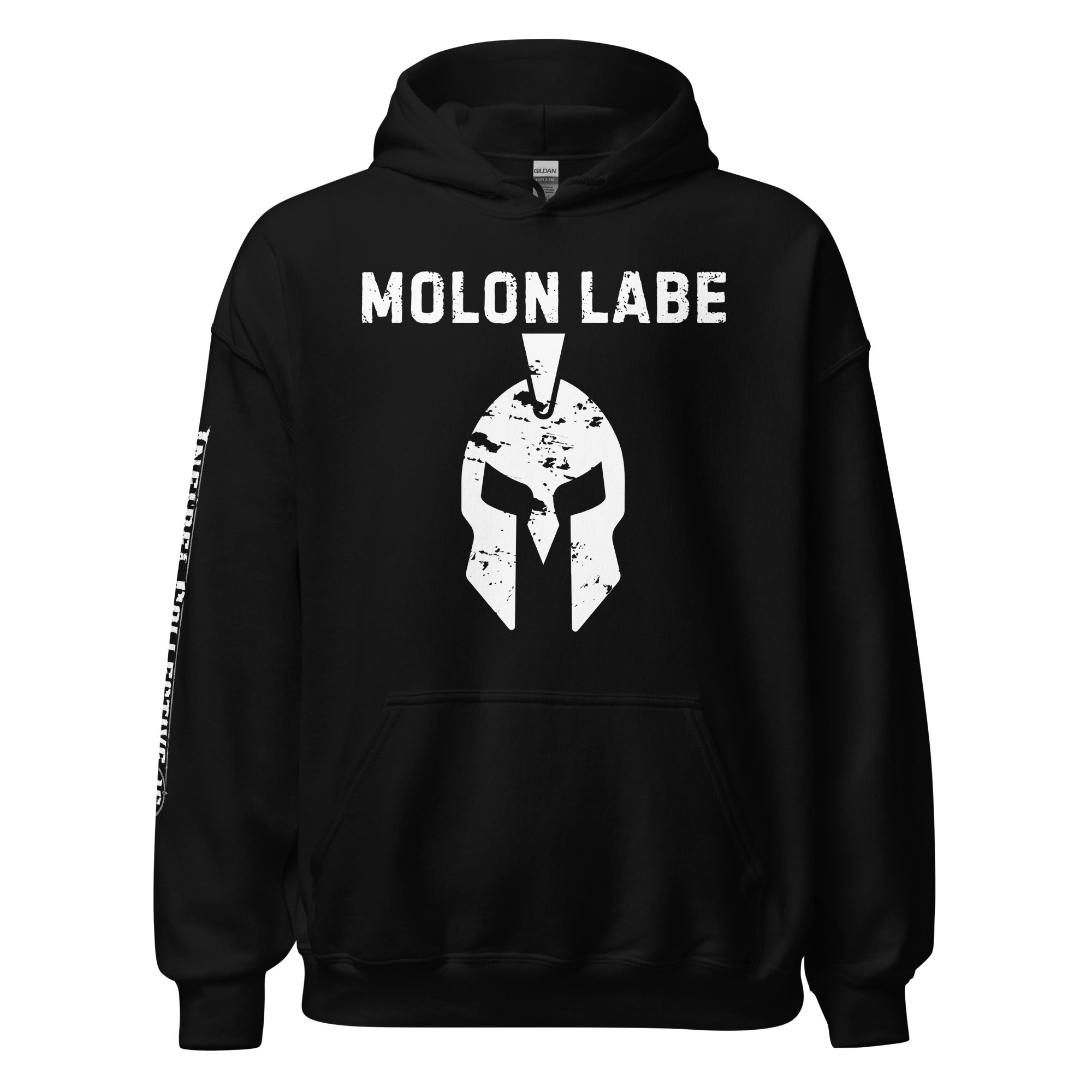 Molon Labe Spartan helmet front print black hoodie from Infidel Collective