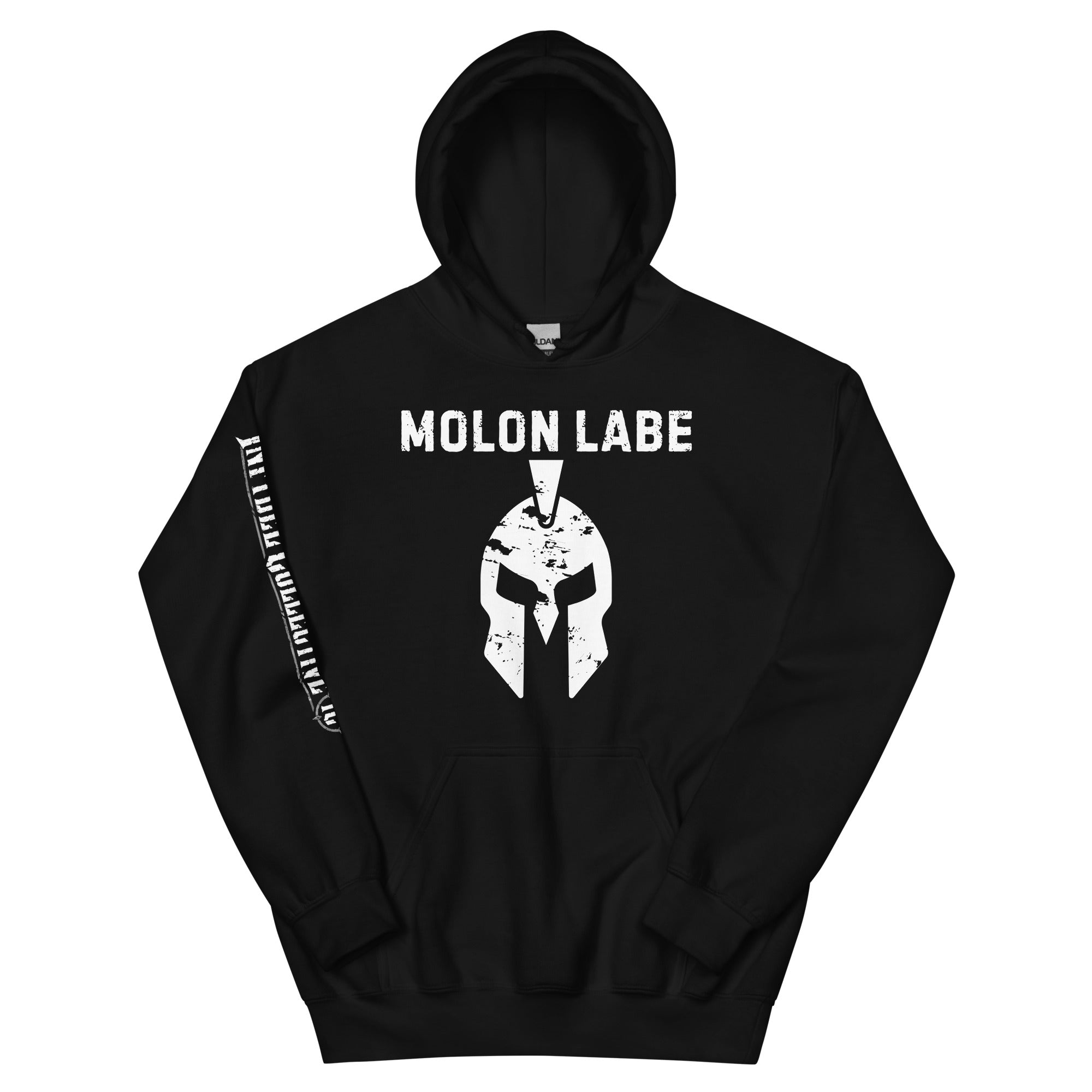Molon Labe Spartan helmet front print black hoodie from Infidel Collective