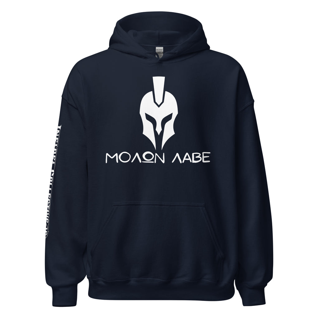 Molon Labe Spartan helmet front print navy hoodie from Infidel Collective