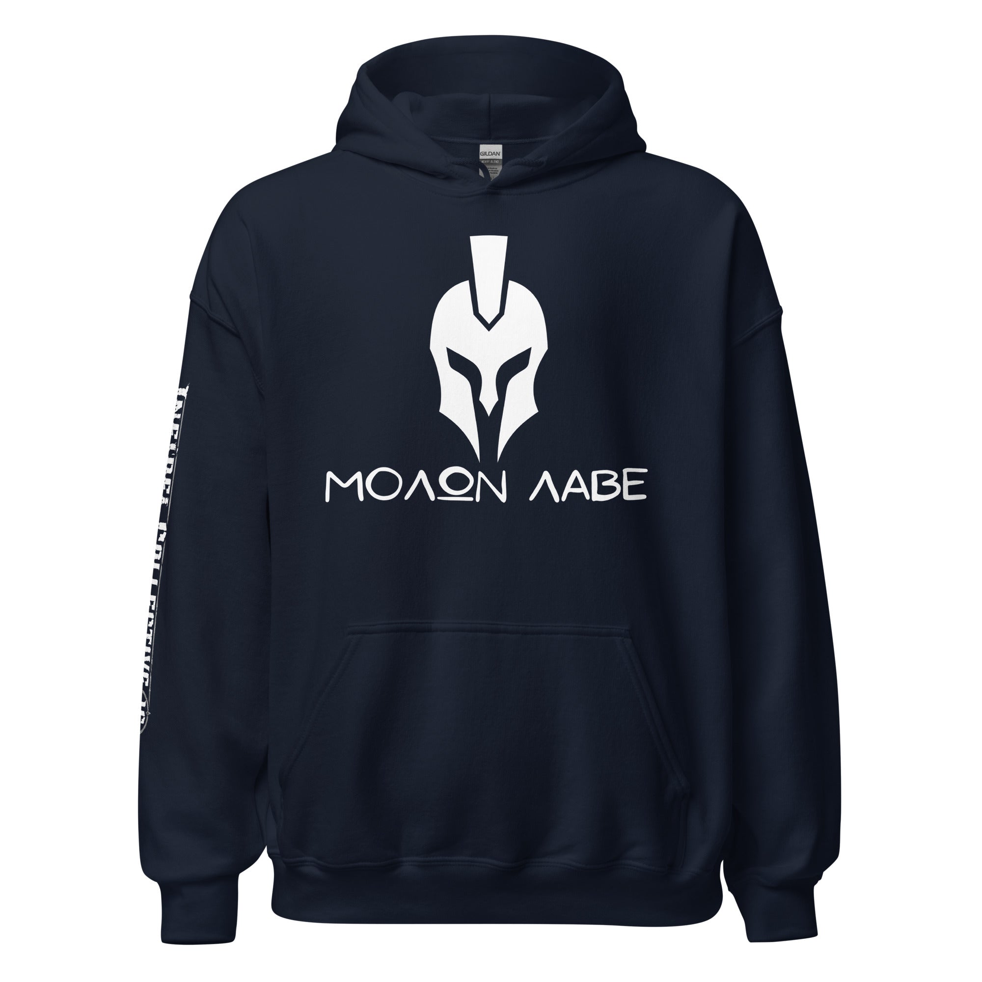 Molon Labe Spartan helmet front print navy hoodie from Infidel Collective