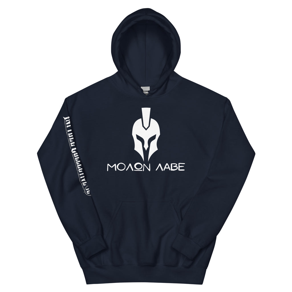 Molon Labe Spartan helmet front print navy hoodie from Infidel Collective