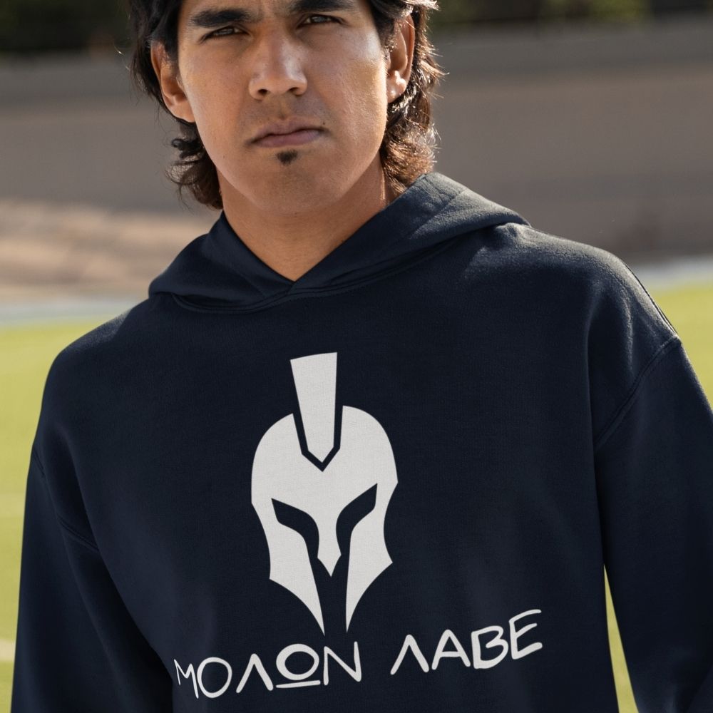 Molon Labe Spartan helmet front print navy hoodie from Infidel Collective lifestyle mockup.