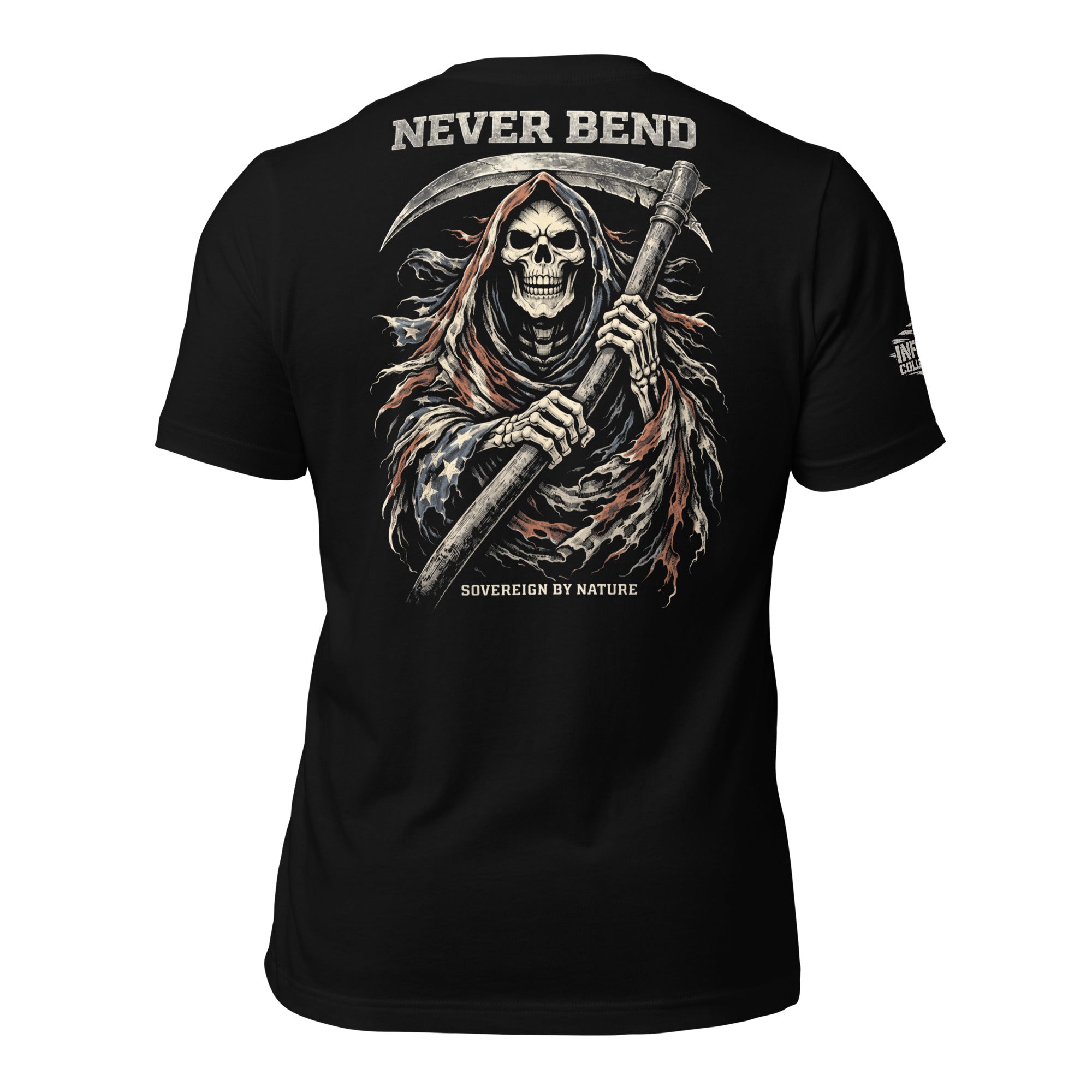 Never Bend Sovereign by Nature reaper American flag back print black tee from Infidel Collective