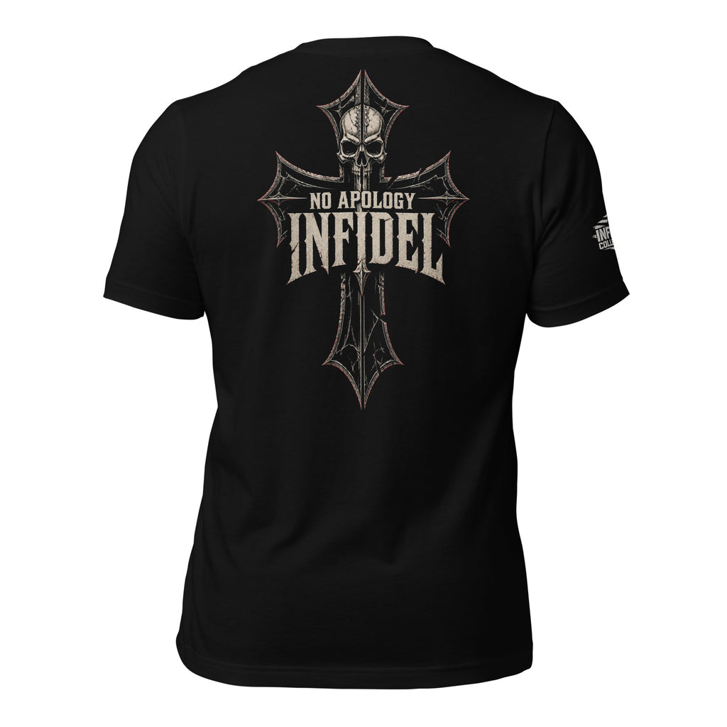 No Apology Infidel iron cross back print black tee from Infidel Collective