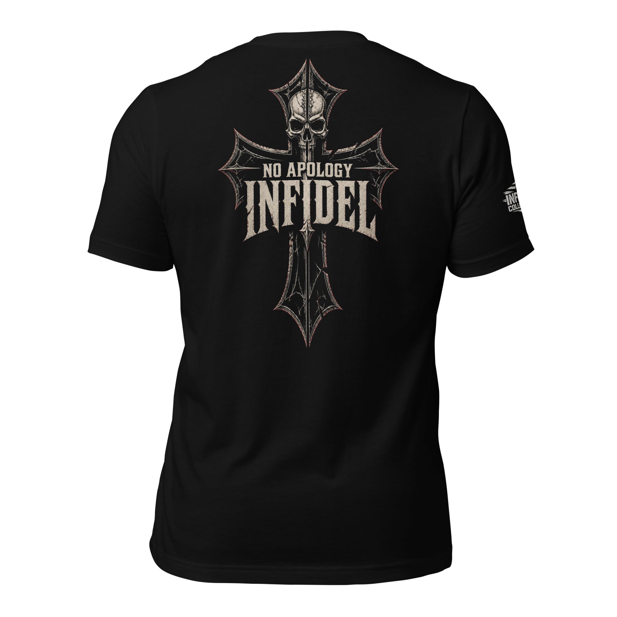 No Apology Infidel iron cross back print black tee from Infidel Collective