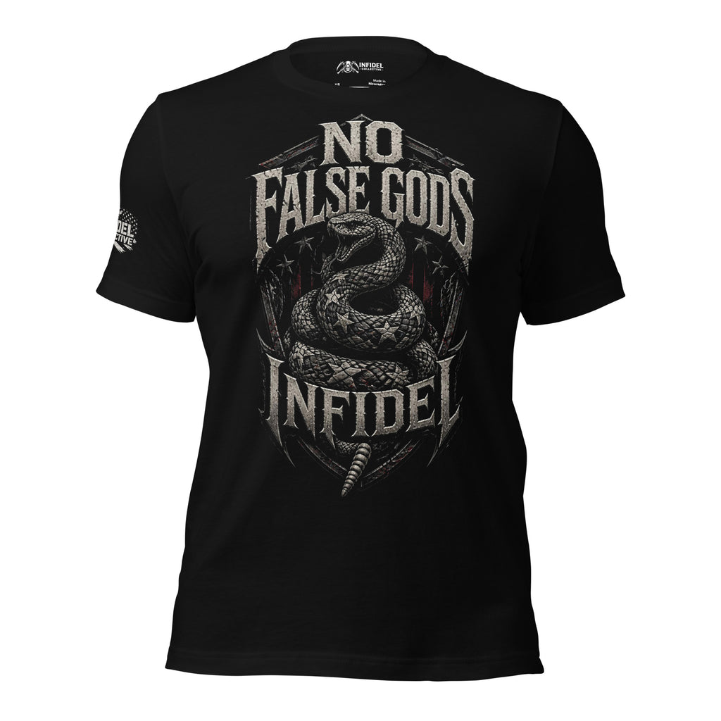 No False Gods Infidel rattlesnake graphic black tee from Infidel Collective