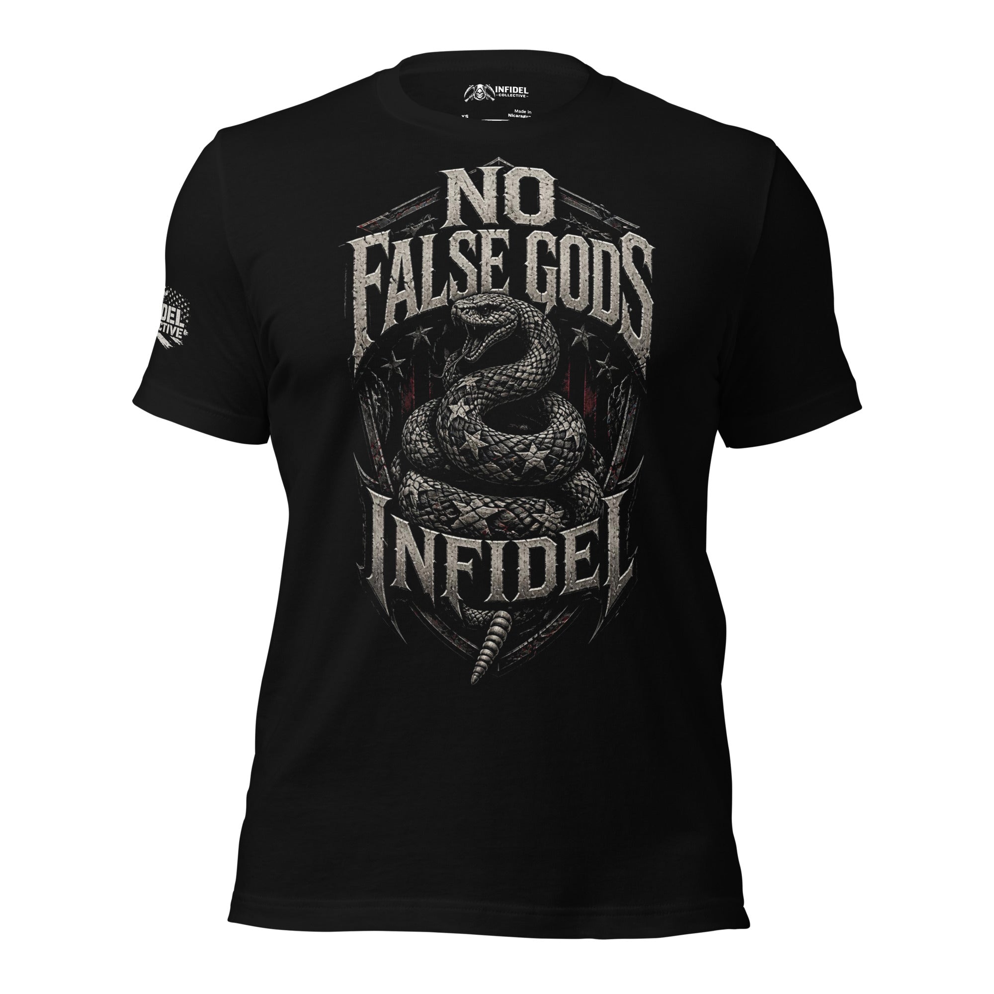 No False Gods Infidel rattlesnake graphic black tee from Infidel Collective